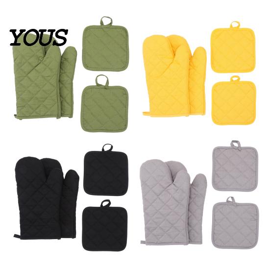 Heat Resistant Oven Mitts 4Pcs and Pot Holders Set, Cotton Kitchen Gadgets for Home Gloves, Quilted Insulated Mats Baking Cooking Accessories