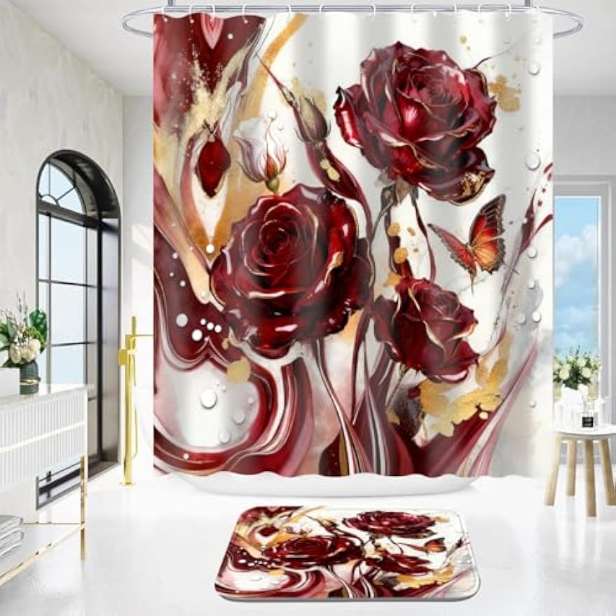 4Pcs Shower Curtain Set with Non-Slip Bath Mat, Toilet Lid Cover, Contour Rug & 12 Hooks, Bathroom