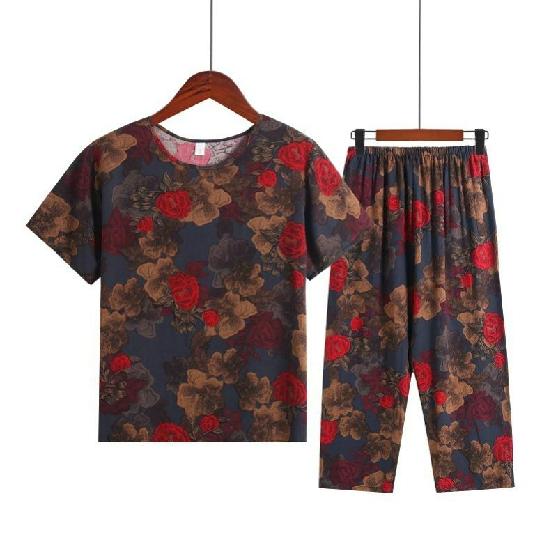 Women's Summer Suits, Casual Plus Size Artificial Cotton Short-sleeved Middle-aged Mother Pajamas, Homewear