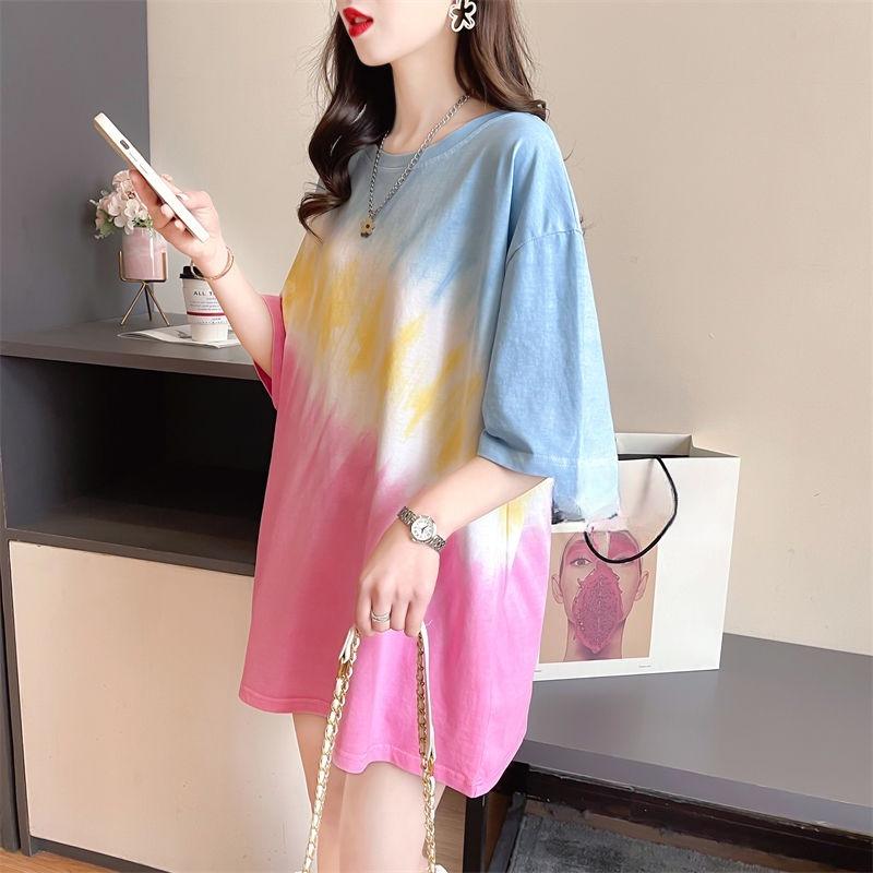 Color Blocking Medium Long Women's T-shirt Korean Lazy Style Tops Loose Casual Versatile Ladies Short Sleeved