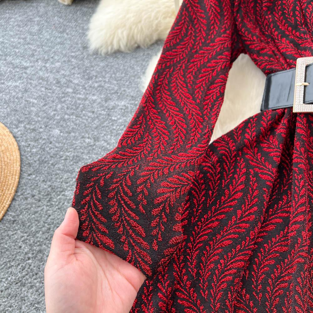 Royal Sister Fan High-end Feeling with Belt Waist Dress Women's Autumn Light and Thin Temperament Drape Print Dress