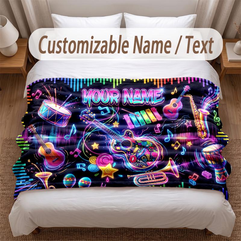 Music General Theme Soft Blanket Personalized Custom Name Text Print Warm Blanket Home Sofa Bedroom Decor