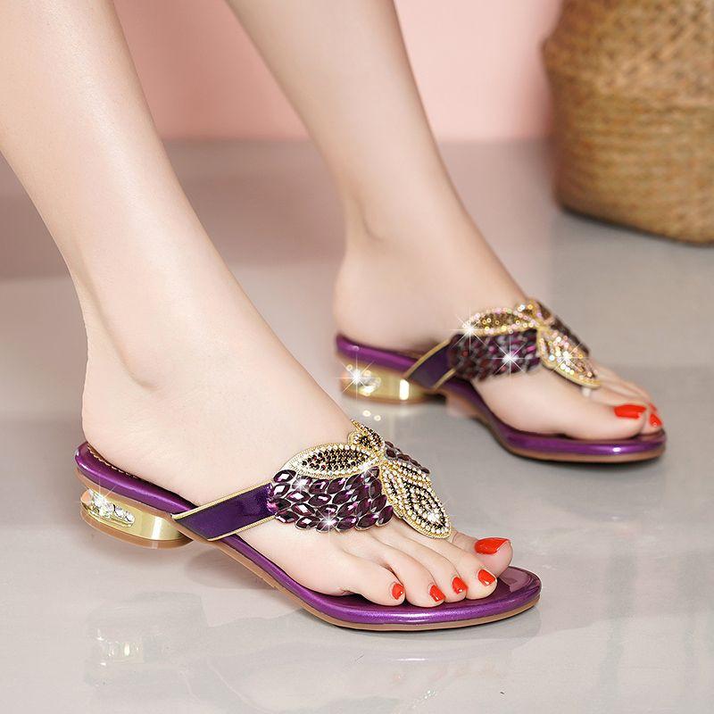 Summer wear low-heeled bohemian beach shoes holiday flip-flops sandals 2025 new rhinestone slippers women