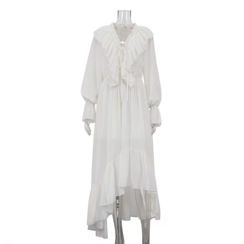 

European and American Fashion V-neck Drawstring Frill Bell Sleeve Dress V-Neck Flared Sleeve Dress White L