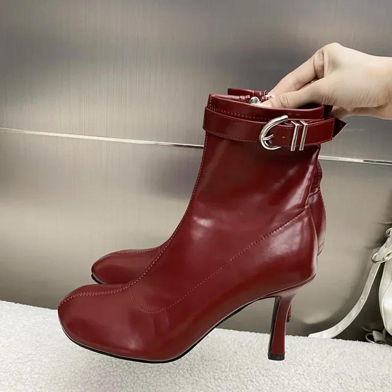 Luxury Soft Leather Side Zip Design Ankle Boots Womens Sexy Belt Buckle Round Toe Botines Thin Heels Modern Boots Botas Mujer