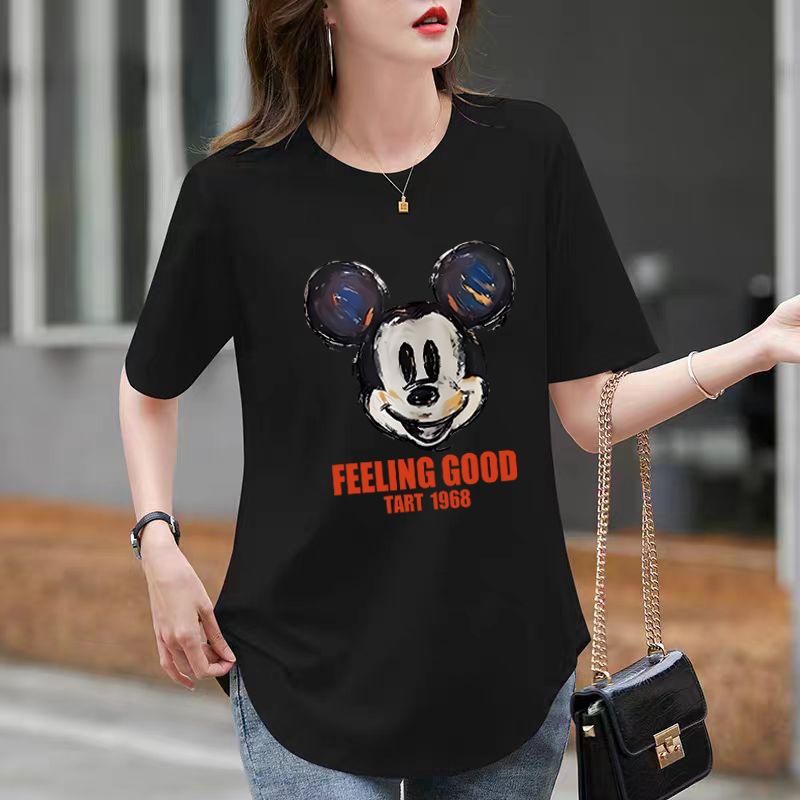 Ny Sommarvit Mellångd Böjd Kortärmad T-shirt för Dam Nisch Tecknad Tryckt Lös Topp