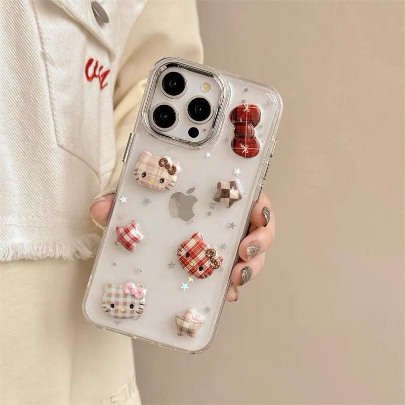 Cartoon Kt Cat Plaid Bow Star Mobile Phone Case For Iphone17Promax Transparent Apple 15 Glitter
