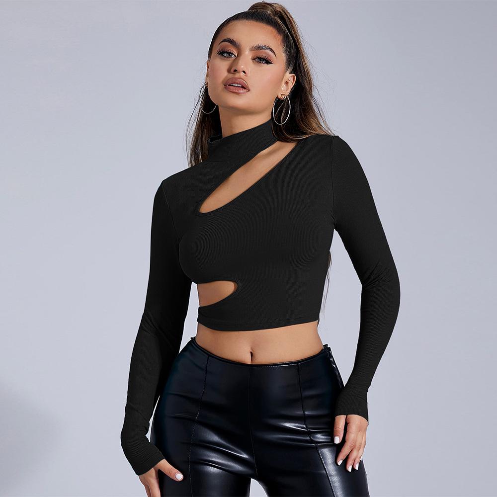 Women's 2024 Autumn/Winter Black Semi-High Neck Long-Sleeve Sexy T-Shirt