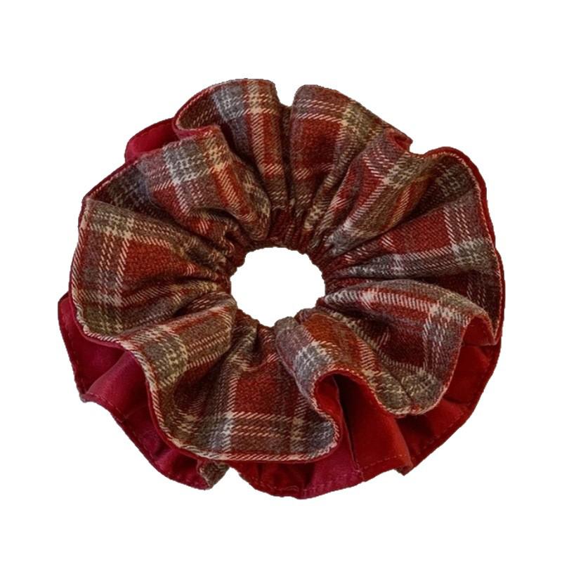 Korean Red Plaid Satin Double-Layer Hair Tie for Women - High-End Autumn/Winter Accessory