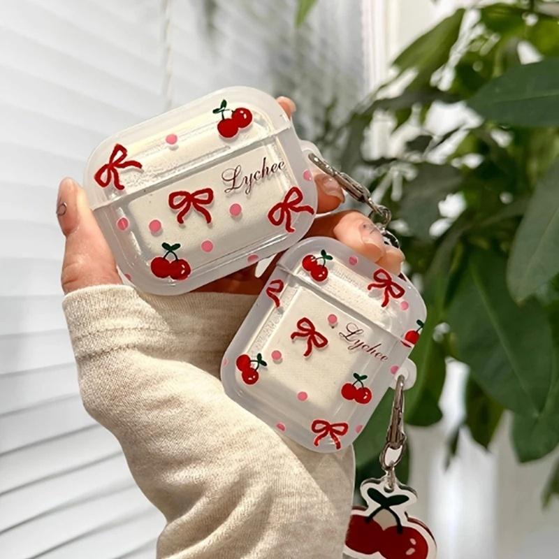 Sweet Bowknot Cherry Earphone Case For Apple Airpods 4 3 2 1 Pro 2 1 Cover With Cherry Lanyard Silicone Earphone Protective Case