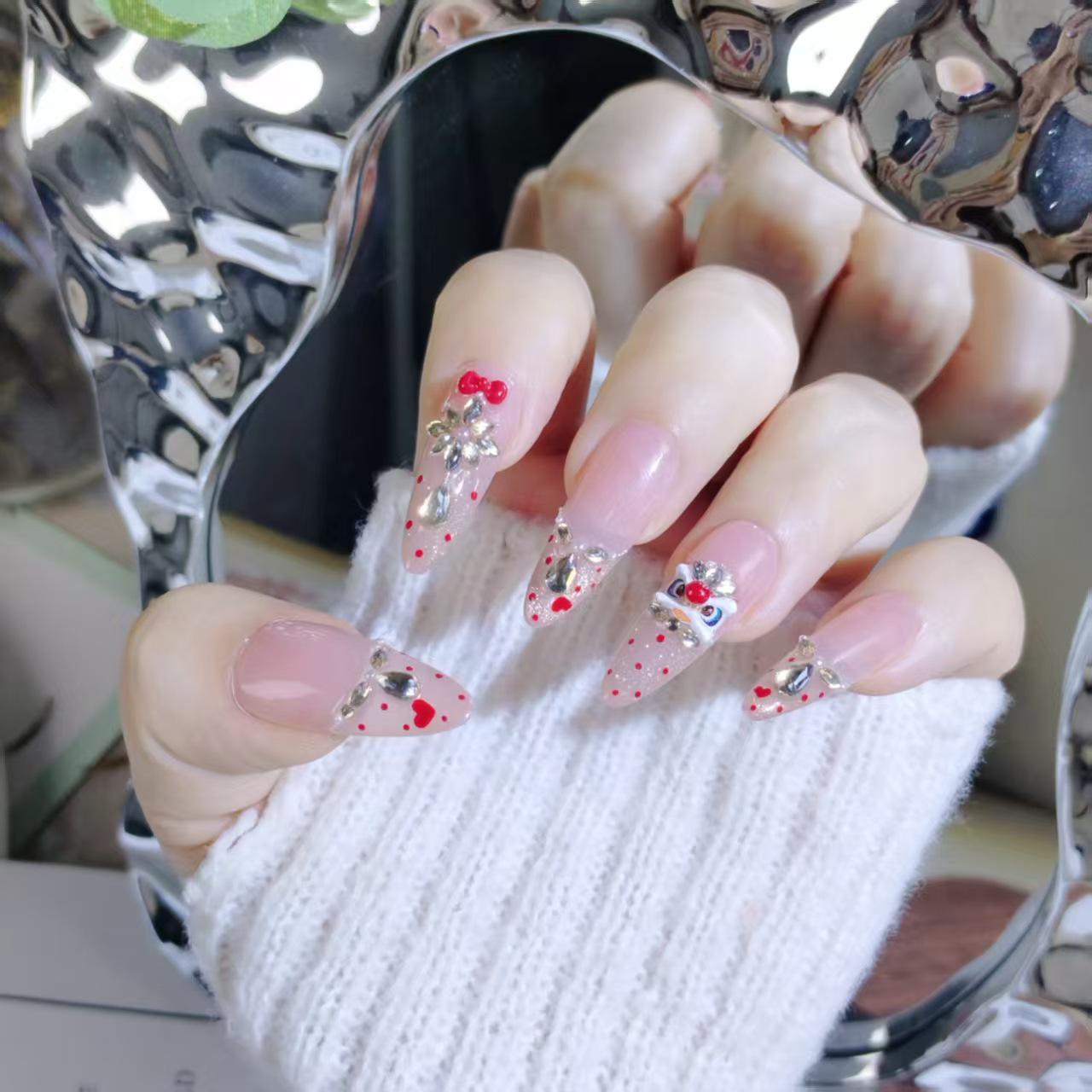 2026 New Year Fortune Lion Cat Eye Rhinestone Bow Polka Dot Handmade Long Nail Art Large