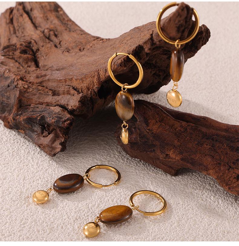 Maillard Geometric Tiger Eye Oval Pendant & Earrings Set In 18K Gold-Plated Titanium Steel