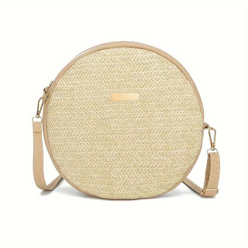 Lightweight Woven PU Contrast Color Round Crossbody Bag with Adjustable Detachable Strap - Large Capacity Zipper Closure for Beach, Commuting