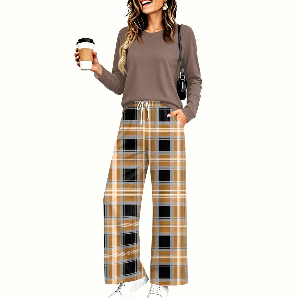 Women's Casual Pajama Set with Pockets, Long Sleeve Neck Loose Fit Printed Sleepwear