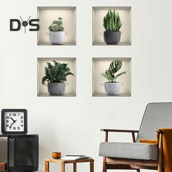 4 sztuk/zestaw wyraźna naklejka ścienna artystyczna naklejka doniczkowe rośliny zielone motyw atrakcyjna naklejka ścienna do dekoracji salonu biurowego