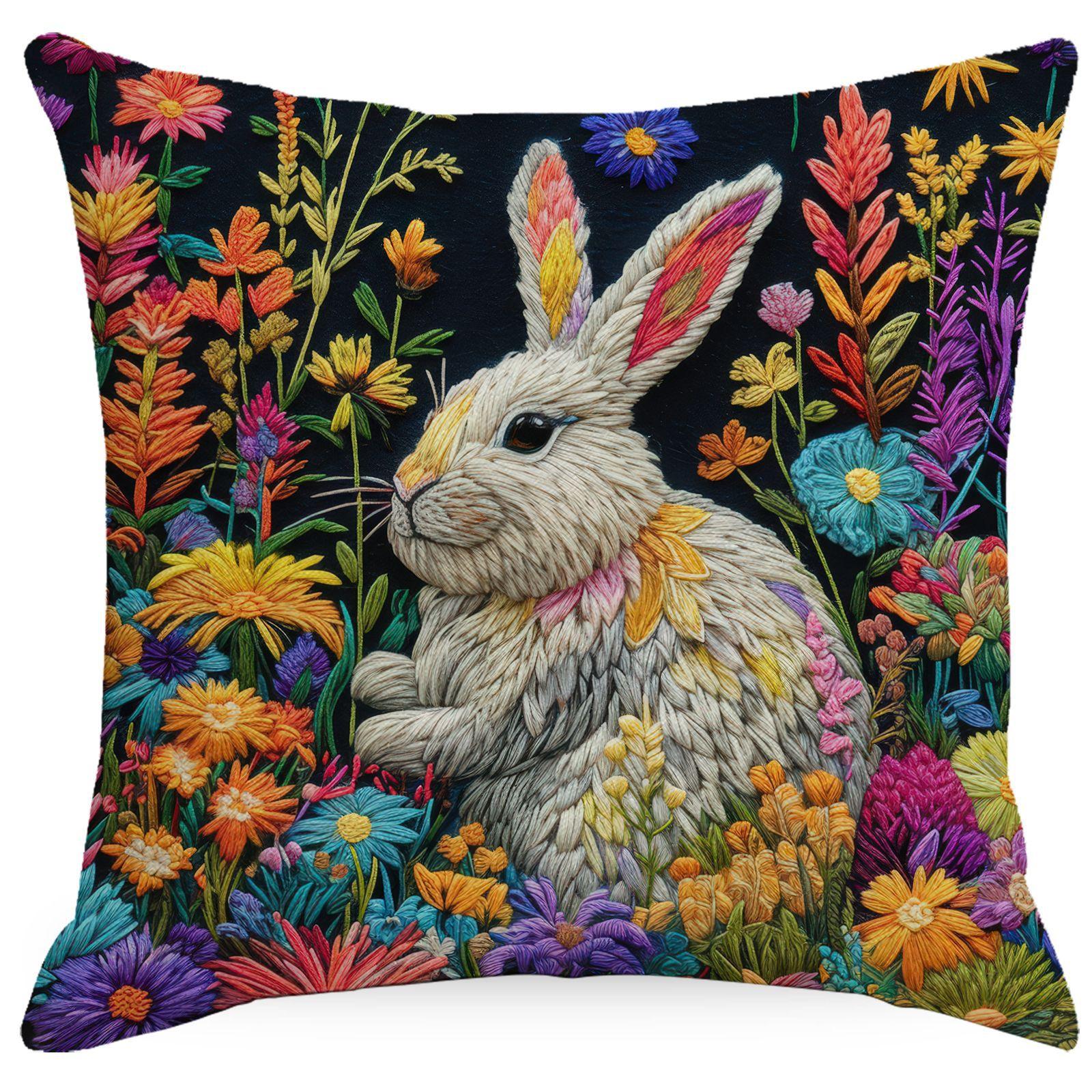 

Новая весенняя наволочка с имитацией вышивки, с цветочным принтом и кроликом, льняная, печатная, домашняя, наволочка для подушки 45 * 45Cm