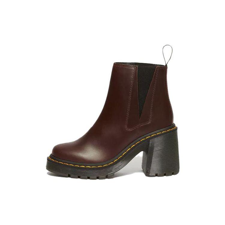 Dr. Martens Leather Round Toe Chunky Heel Short Chelsea Boots Women Boots Dark-Brown 31756201