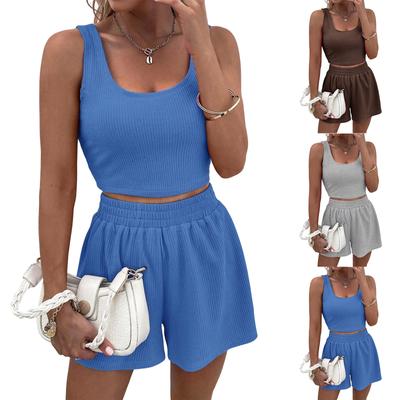Damen Zweiteiler Rippstrick Tanktop und High Waist Shorts Set Ärmellos Lässig Strick Lounge Outfit für den Sommer