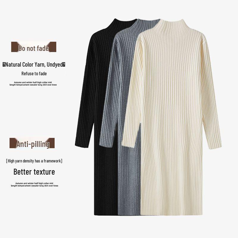 Women's Autumn & Winter Wool Knit Dress - Half-High Collar, Loose Long Sleeve, Mid-Length Base Layer Over the Knee.
