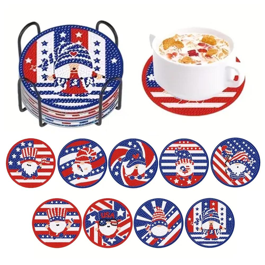 8/9 PCS Diamond Painting Art Coaster Kit Gnome Acrylic/Wooden Sun Stars with Holder Santa for Adults Kids Beginner Gift Supplies