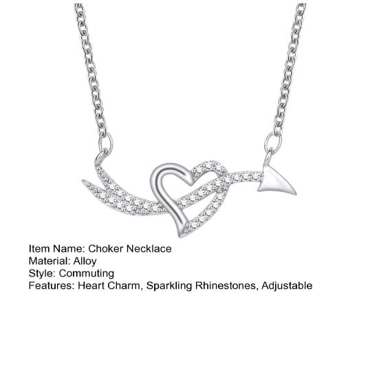 Choker Necklace Alloy Heart-Shaped Pendant Necklace with Sparkling Rhinestones Adjustable Gift Length Necklace Jewelry