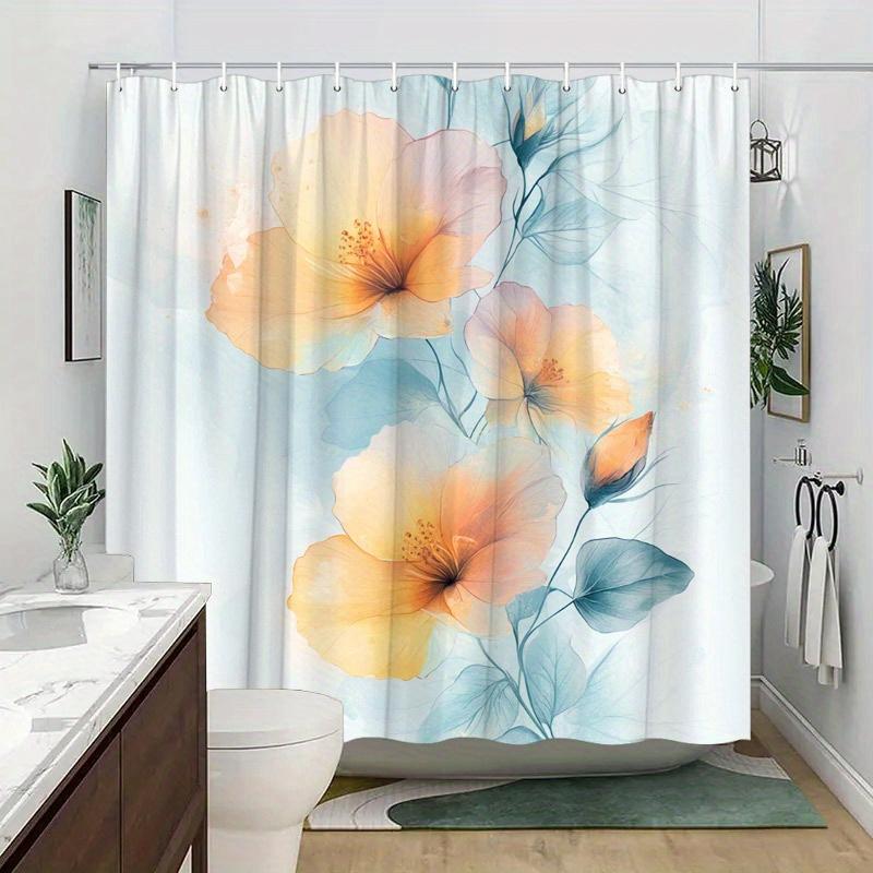 1pc Hibiscus Watercolor Shower Curtain - Pastel Floral Design, Semi-Transparent Leaves, Polyester, Serene Decor