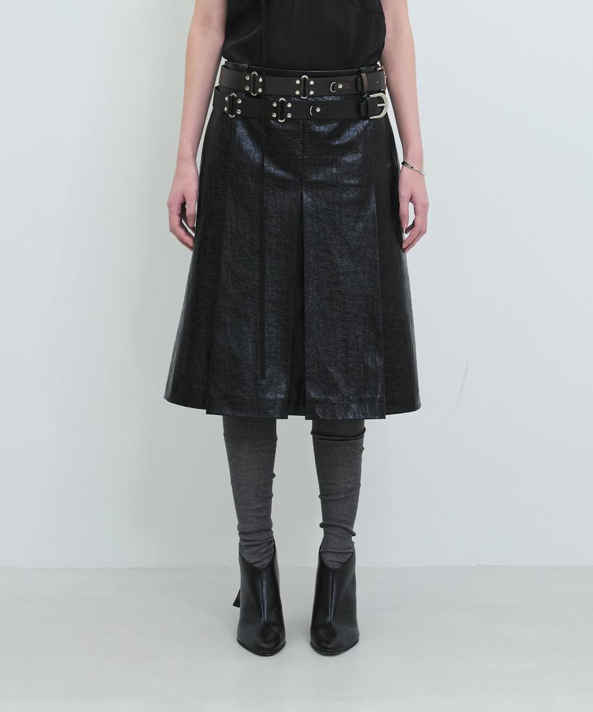 Yunse Four Leather Wide Pleated Skirt (Cracked Black)