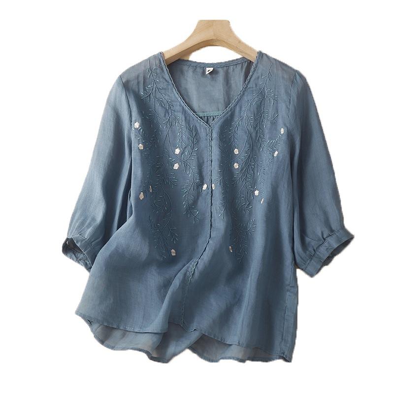 V-neck Five-quarter-sleeved Embroidered Cotton and Linen Shirt for Women's 2025 Summer New Thin Top with Loose Temperament and Beautiful Shirt
