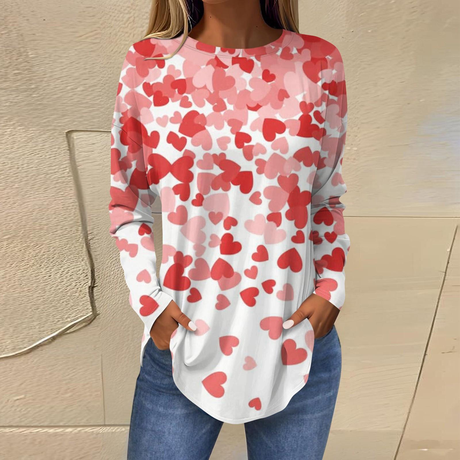

Футболки для жінок Осінні повсякденні сорочки з довгим рукавом Світшот День святого Валентина Графічний принт Топ Пуловер L