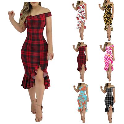 Women's Sexy Loose Plain Off Shoulder Open Back Slit Ruffle Back Zipper Midi Dress Party Dress Cocktail Dresses