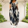 Women Plus Size Round Neck Short Sleeve Blue White Printed Loose Maxi Dress With Side Pockets