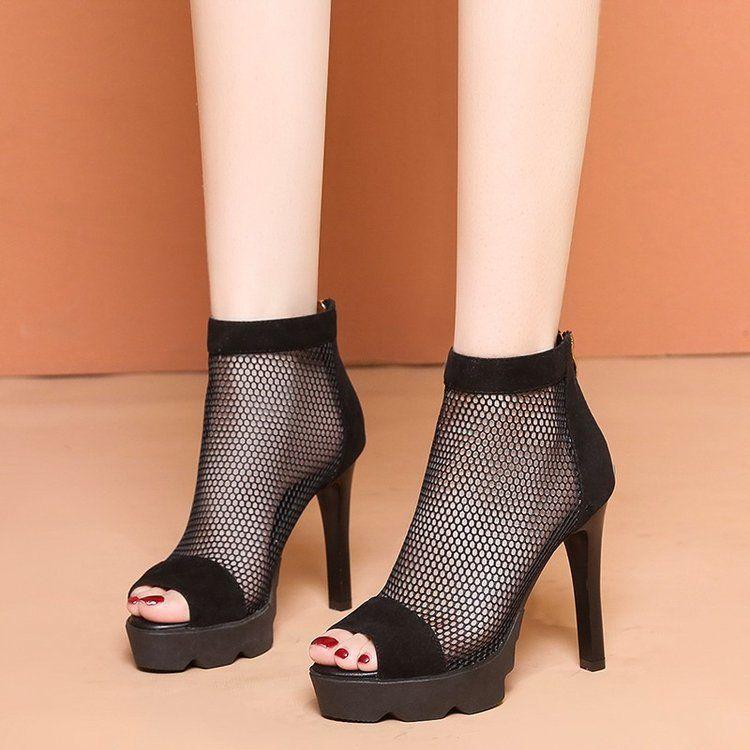 Mesh hollow high heels fish mouth cool boots women's 2025 spring and summer fine heel sandals professional sexy fashion Roman boots