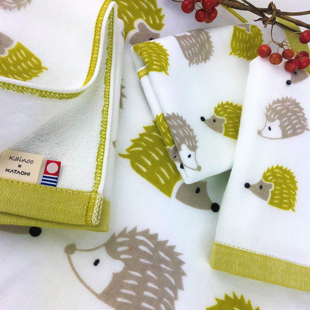 kainoo x KATACHI Imabari Gauze Bath Hedgehog Made in Imabari Gauze Cotton Cute Hedgehog Perfect for and Camping Towel, Single-Sided Towel, Design,