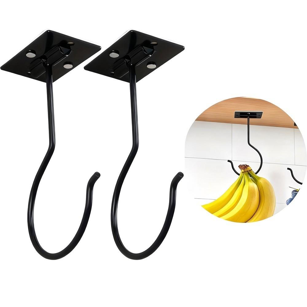 New Metal Banana Hooks Foldable Black Silver Under Cabinet Holder Self-Adhesive Space Saving Grape Hanging Holder Kitchen Use