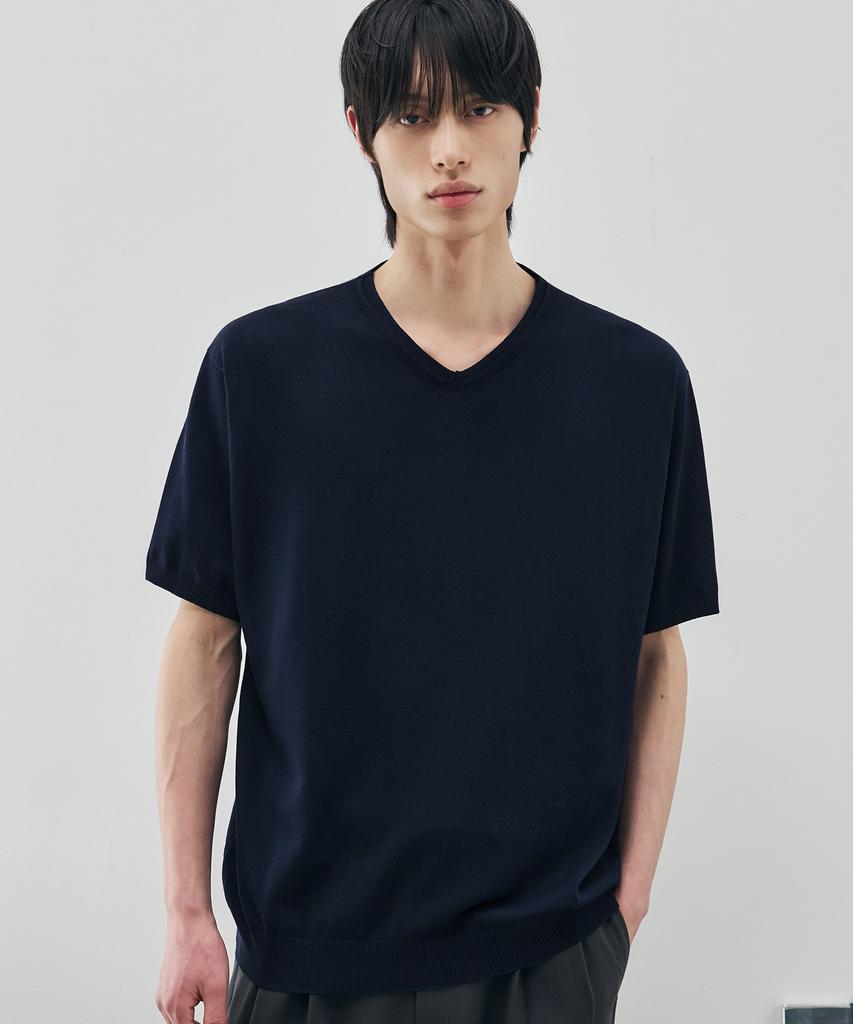 DRAW FIT Cooling Modal Half V-Neck Knit [Navy]