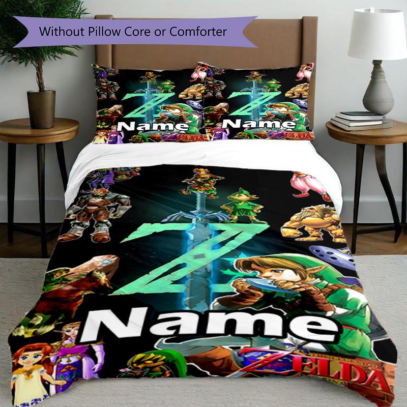 3pcs Duvet Cover Set (1*Duvet Cover + 2*Pillowcase, Without Core), Custom Name The Legend of Zelda Pattern Bedding Set, Home Bedroom Decor Gift