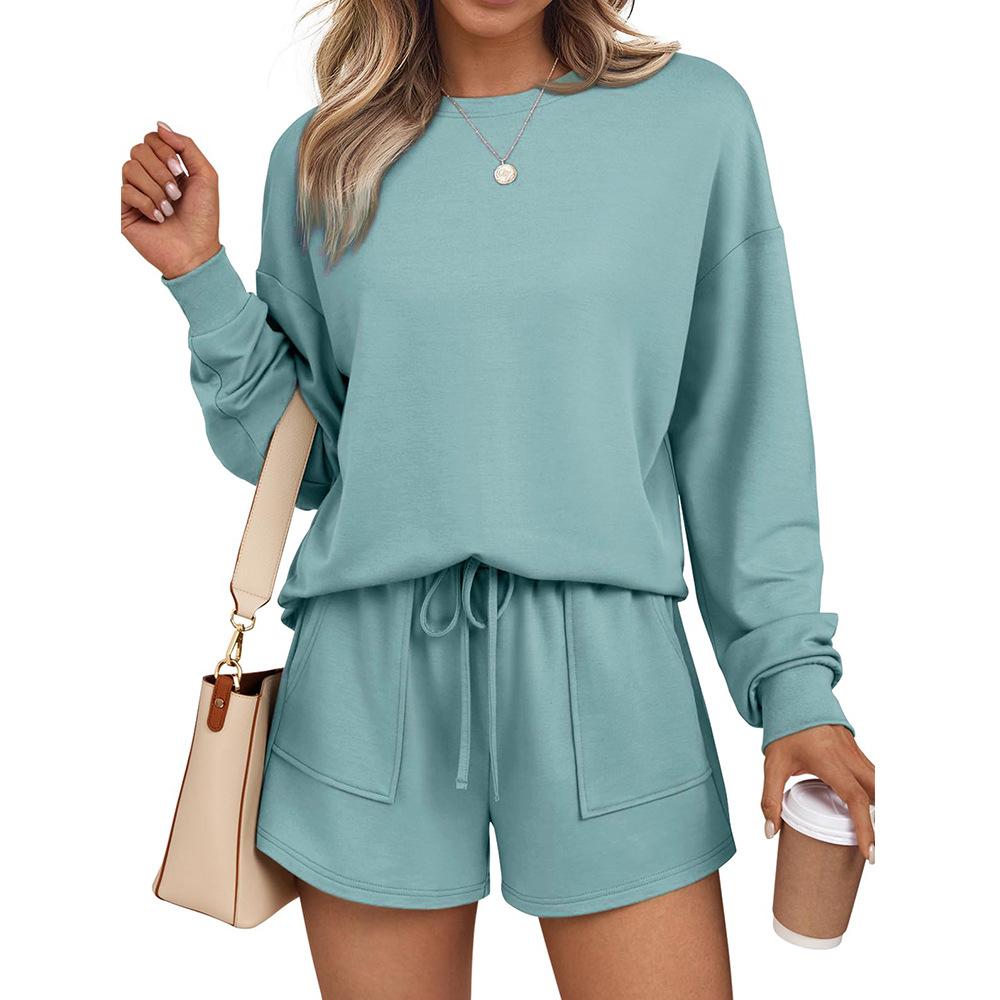 

Осенние комплекты из двух предметов: худи с круглым вырезом, длинными рукавами и шорты, модные, повседневные, женские спортивные костюмы S морская волна