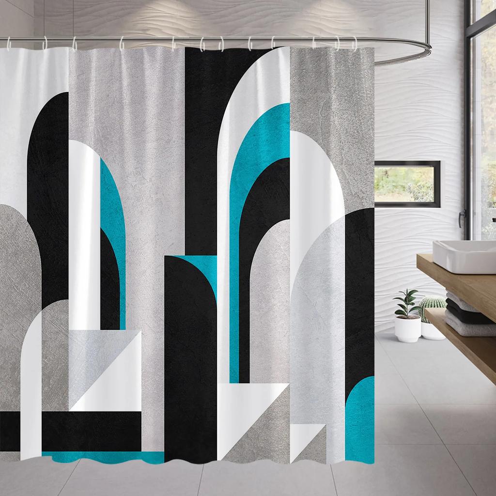 Abstract Geometric Black White Red Shower Curtain 3D Block Square Elegant Frame Modern Decor Fabric Bathroom with Hook Grey