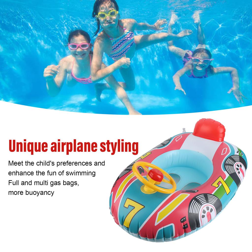 Inflatable Pool Float PVC Airplane Shape Swimming Ring Float Boat with Steering Wheel for Toddler Kids
