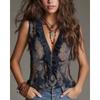 Women's Deep V Neck Sleeveless Loose Fit Bohemian Printed Tank Top Ruffle Zipper Chiffon Blouse