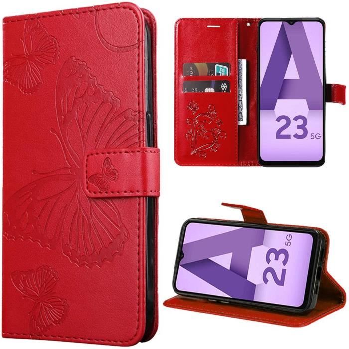 Protective Case - Samsung - Galaxy A23 5G - Synthetic Leather - Butterfly Pattern - Red