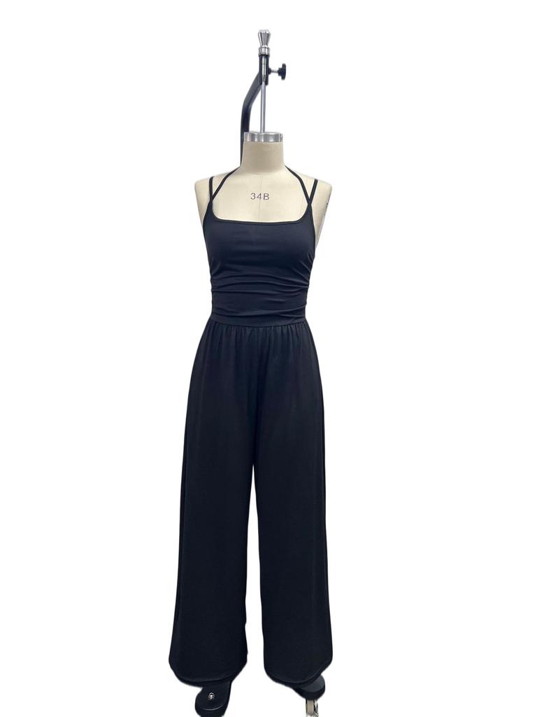 Women's Crisscross Spaghetti Strap Square Neck Ruched High Waist Wide Leg Long Jumpsuit Casual Summer Romper