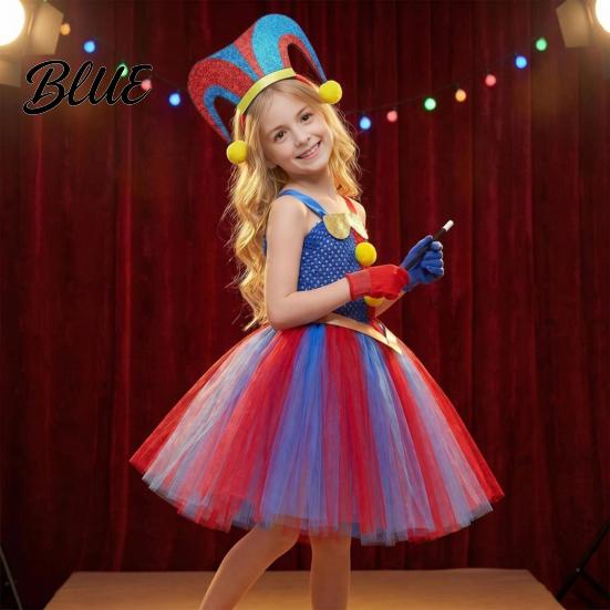 Childrens Pointed Hat Kids Clown Costume Dress Set with Headband & Gloves Girls Circus Soft Mesh Tutu Princess Dress Halloween Stage Performance