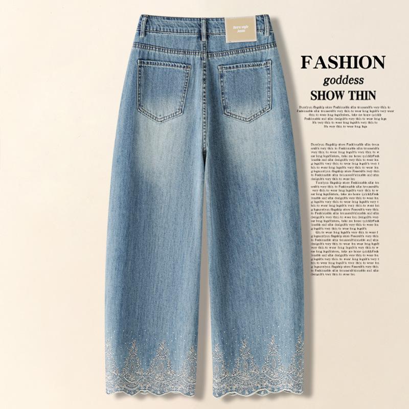 Lace embroidery hot diamond design wide-leg jeans women's summer thin national style retro nine-point scimitar pants