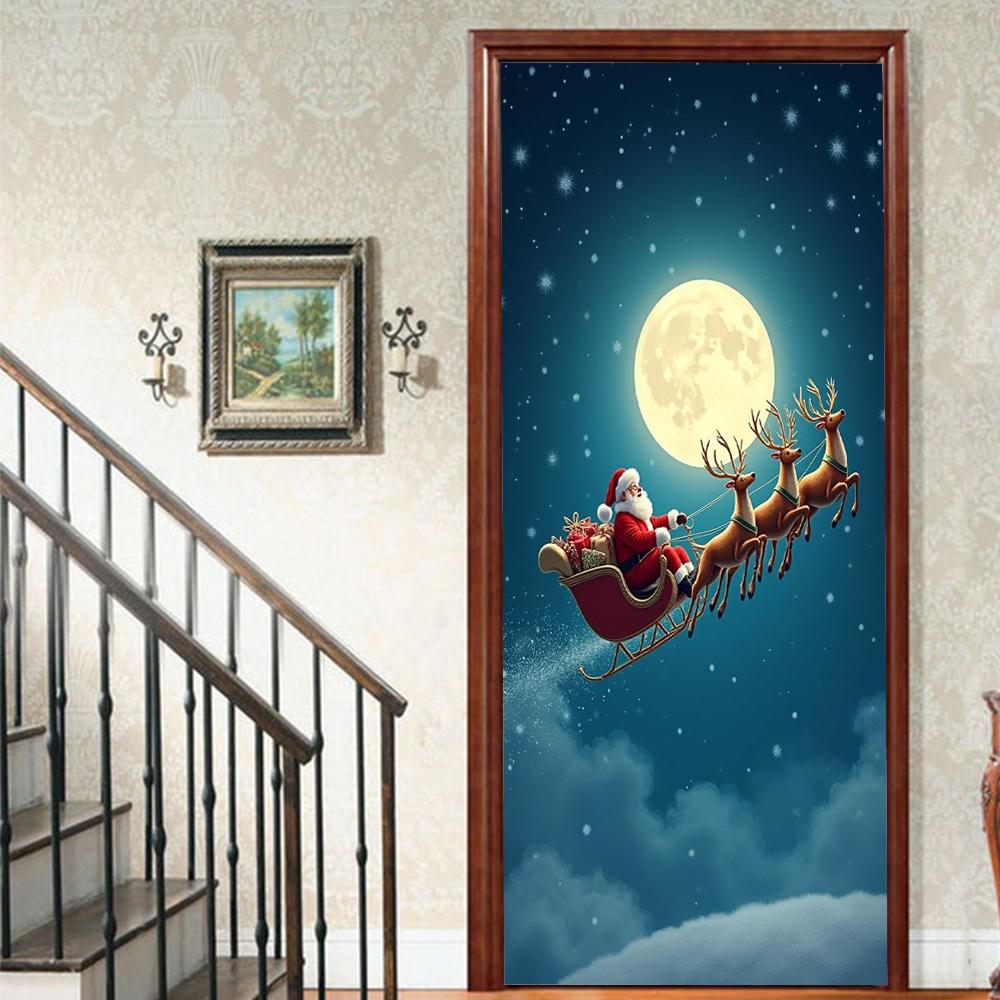 Christmas Santa Claus PVC Self-Adhesive Waterproof Door Sticker Modern Simulation Door Mural Wallpaper Living Room Study Home Decor Art Door Poster