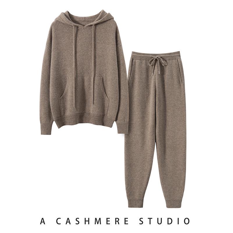 Women's Loose Fit Hooded Cashmere Sweater Set - 2026 Autumn/Winter Solid Color Gentle Style Base Layer.