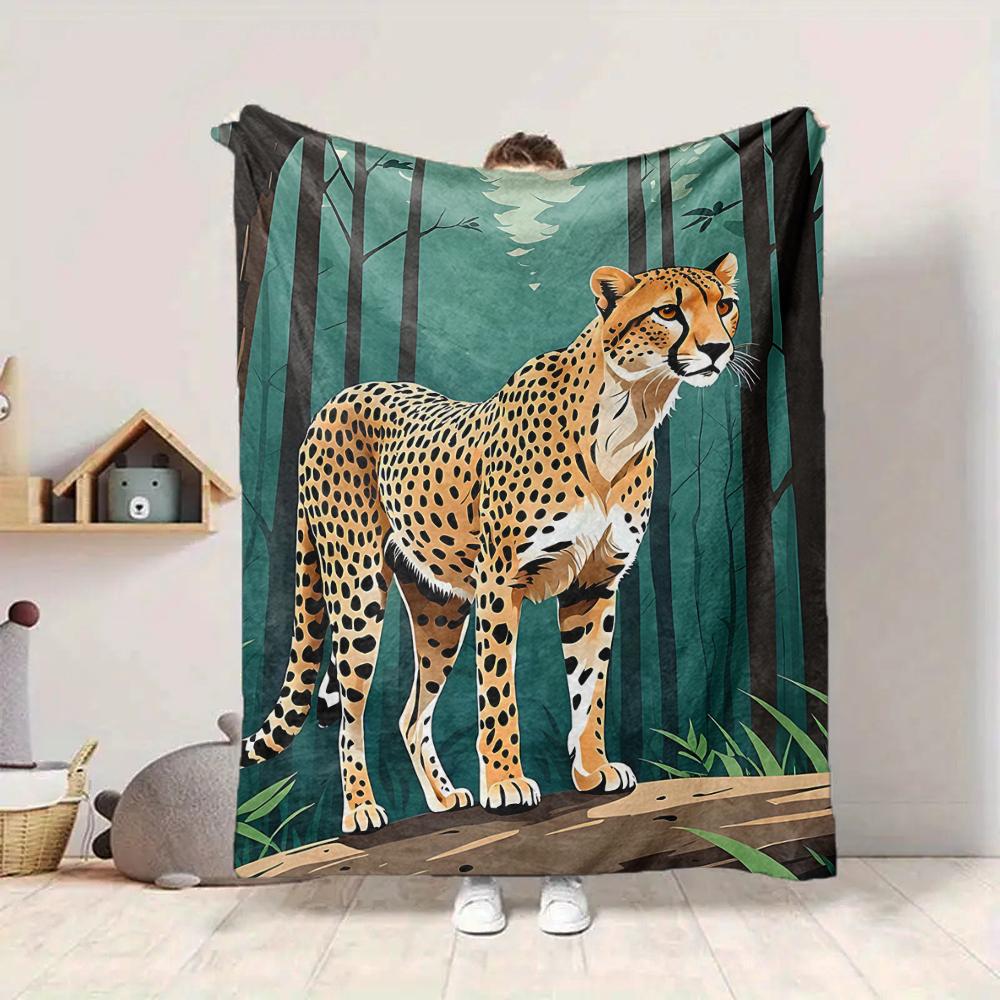 1Pc Cheetah Forest Flannel Blanket, Soft And Comfortable, Casual Warm, Camping Travel, Christmas, Halloween Xmas Gift. G1151