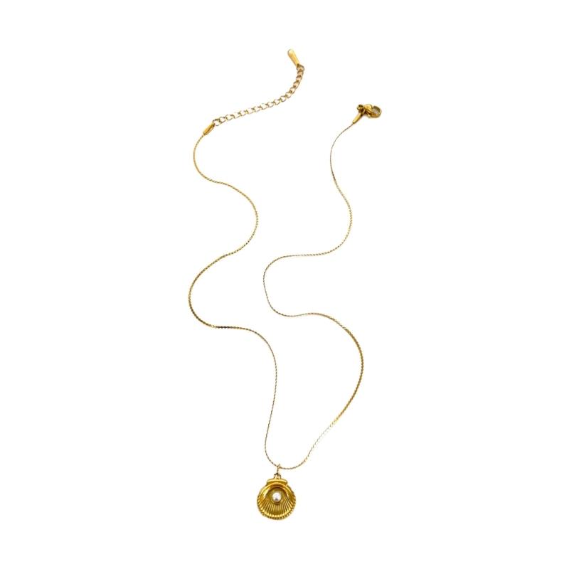 Stainless Steel Ocean Themed Necklace With Conch And Starfish Pendant For Women Elegant Collarbone Chain Jewelry