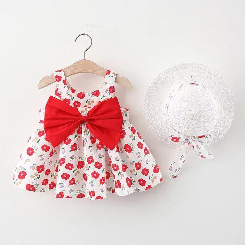 A749 Vestido de Princesa para Bebé Niña de Verano con Lazo Grande y Falda de Flores, Incluye Sombrero, para Edades 1-4