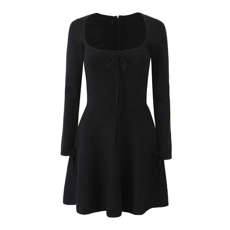 

House Same Style French Pure Desire Style Retro Square Collar Bows Knitted Dress Silm Slim Looking Elegant a Word Dress Black Knit Dress M